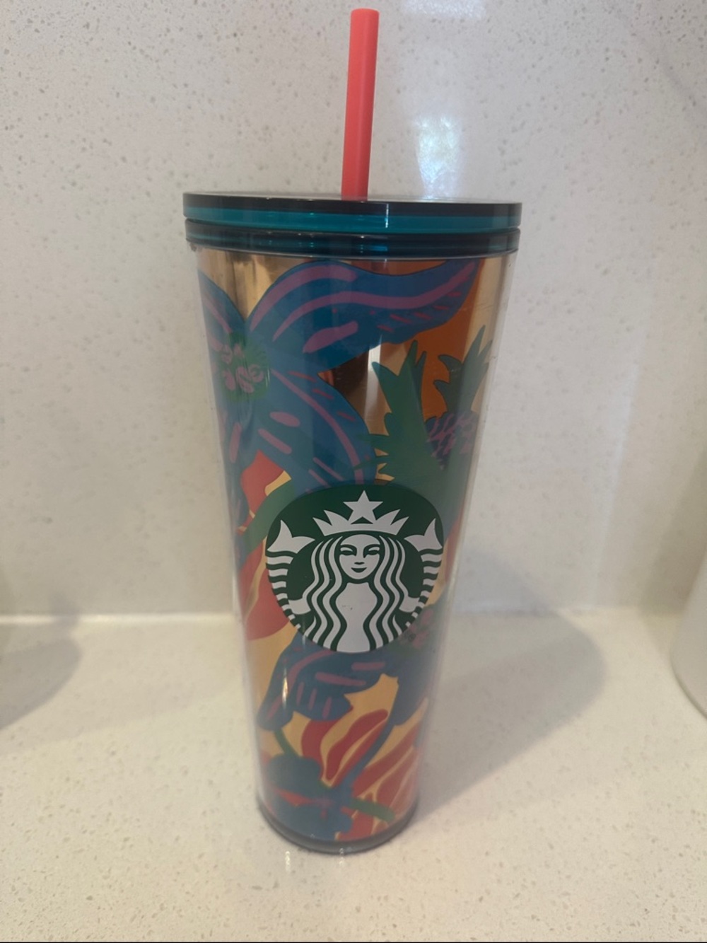 Starbucks Teal-Lid Tropical Multicolor Tumbler with Pink/Coral Straw